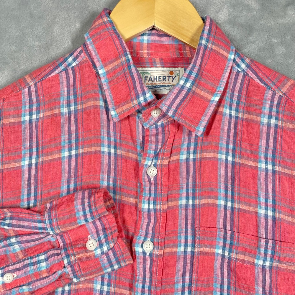Faherty Beach House Collection Mens Small Pink Blue Plaid 100% Linen Shirt